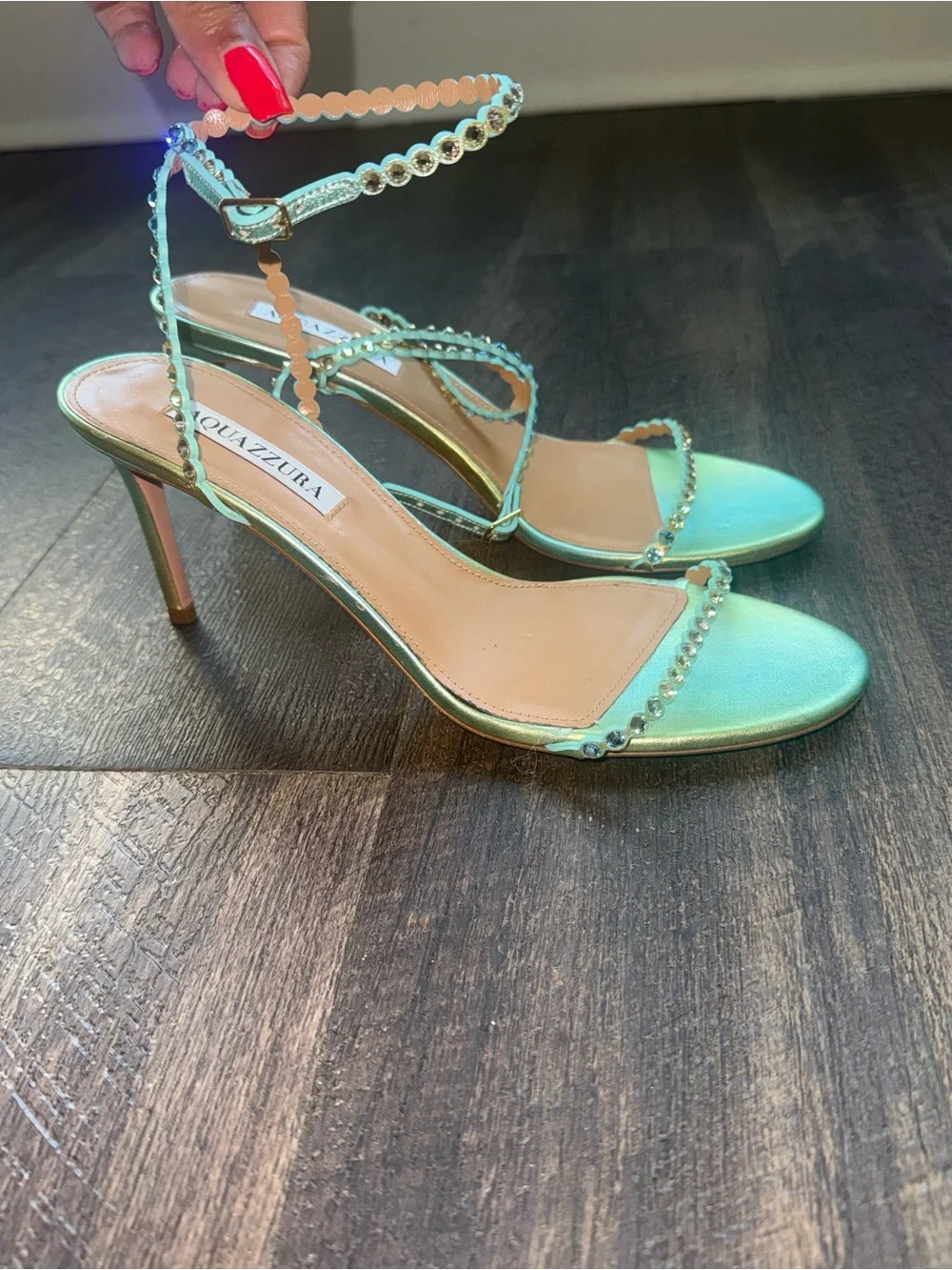 Aquazzura Metallic Mint Green Scalloped Strap Heels 39